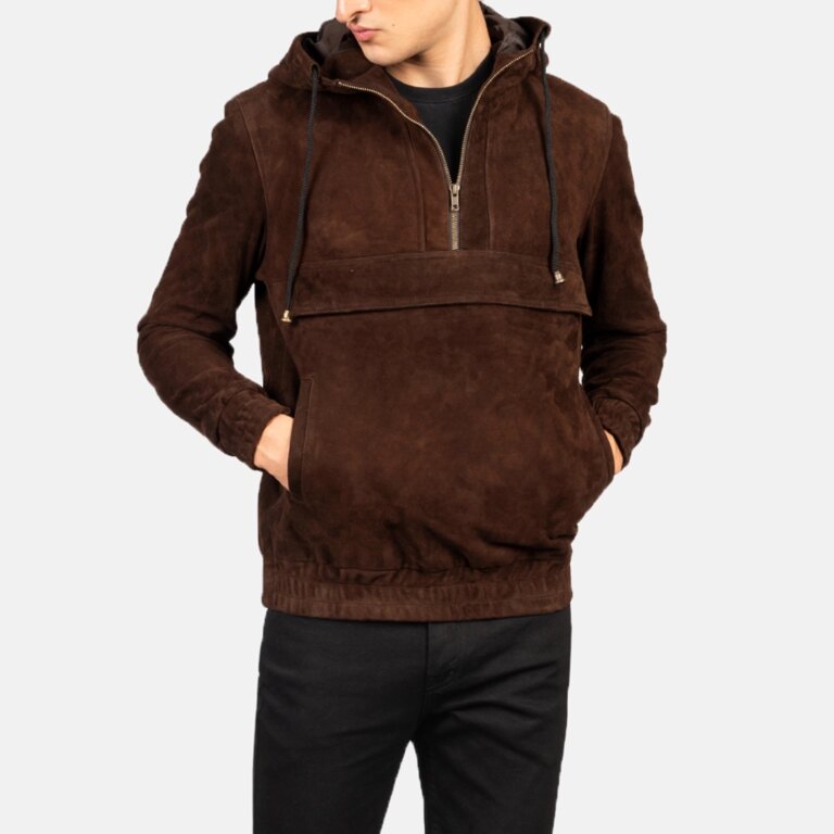 Mens Kenton Hooded Mocha Suede Pullover Jacket Open Front-4-1720535893038